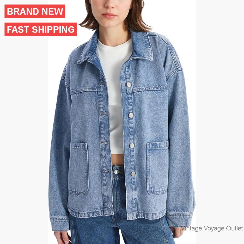 Oversized Denim Jacket with Pockets, Button Up Lo… - image 1